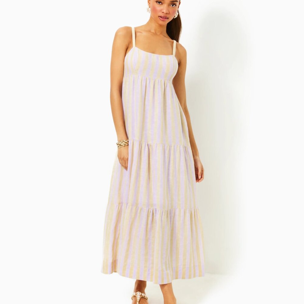NWT NEW Lilly Pulitzer Javanne Linen Maxi Dress sz 12 Purple & Yellow Stripe
